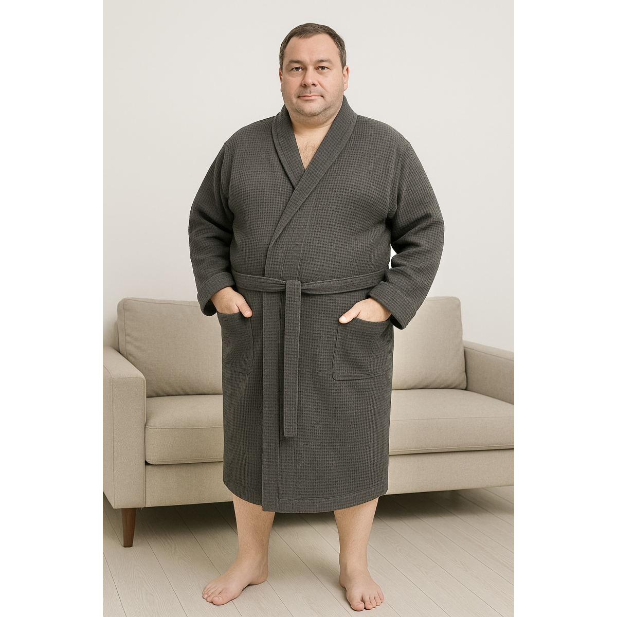 Мужской вафельный халат банный Объятия Big size Серый в Leron - фото