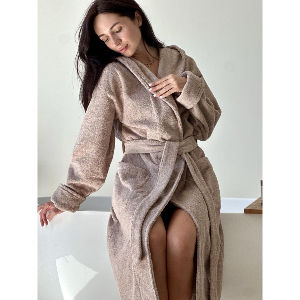 Бежевий халат жіночий махровий з капюшоном Fortune Lady Beige