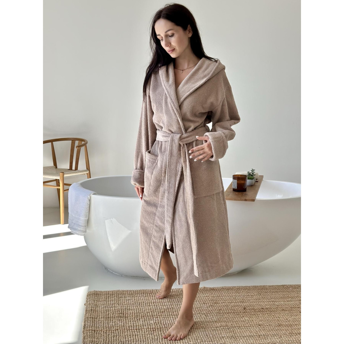 Бежевий халат жіночий махровий з капюшоном Fortune Lady Beige