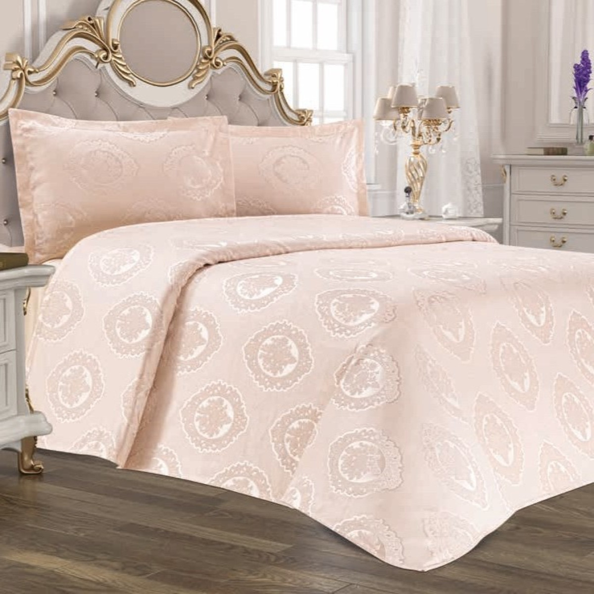 Покривало на ліжко жакардове Lotus Rose 220x230 рожеве з наволочками в Leron - фото