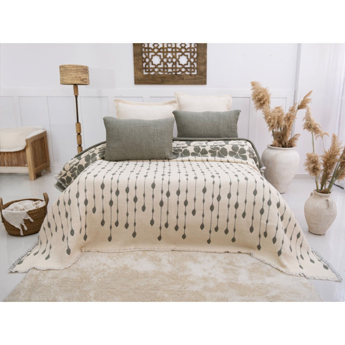 Турецкое покрывало с наволочками муслин Sole Yesil 240x260 зеленое