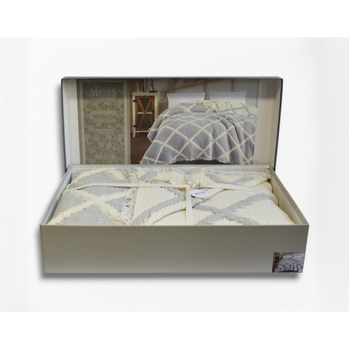 Турецкое покрывало на кровать муслиновое 230x250 Moss Ivory Gri