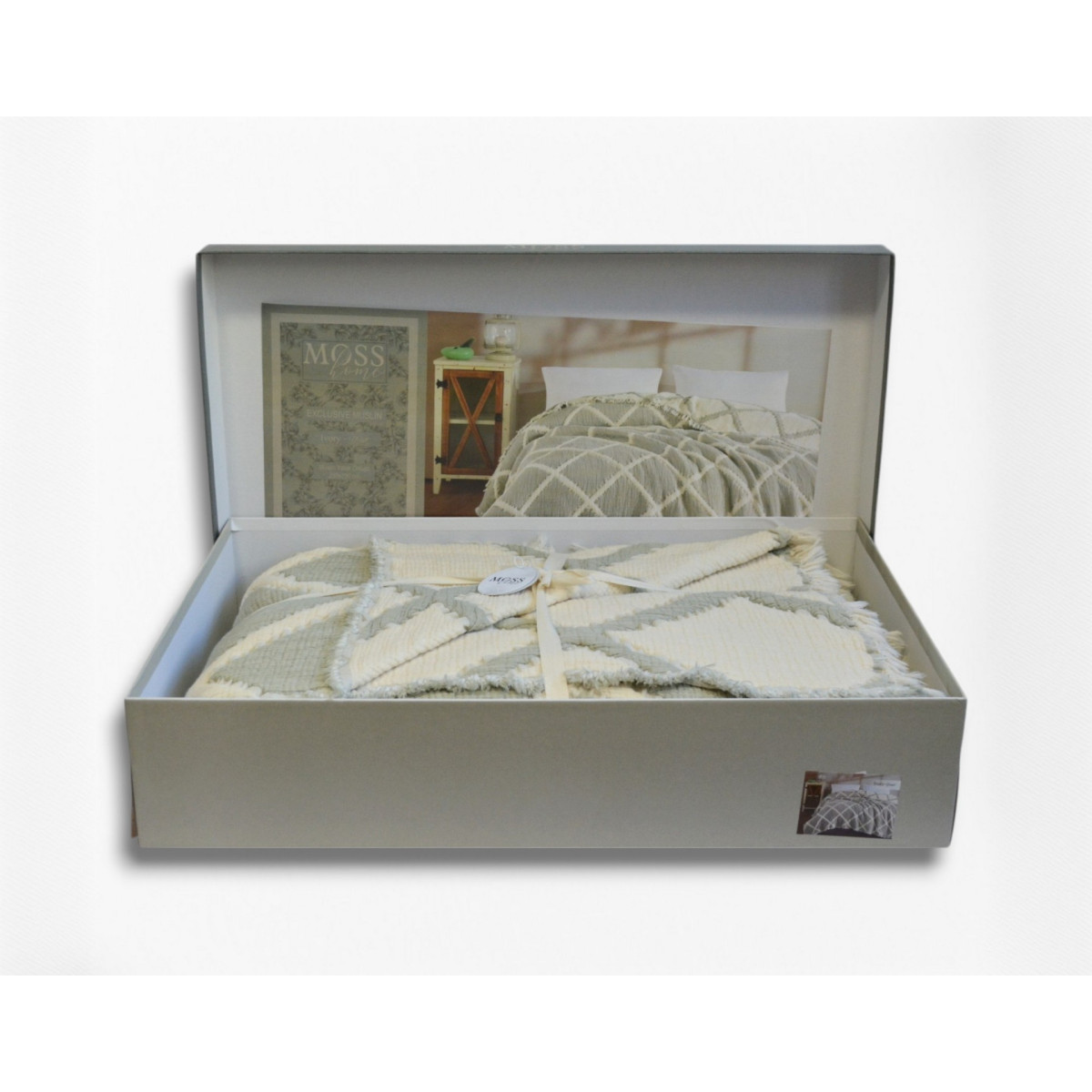 Зеленое покрывало муслин двустороннее 230x250 Moss Ivory Yesil