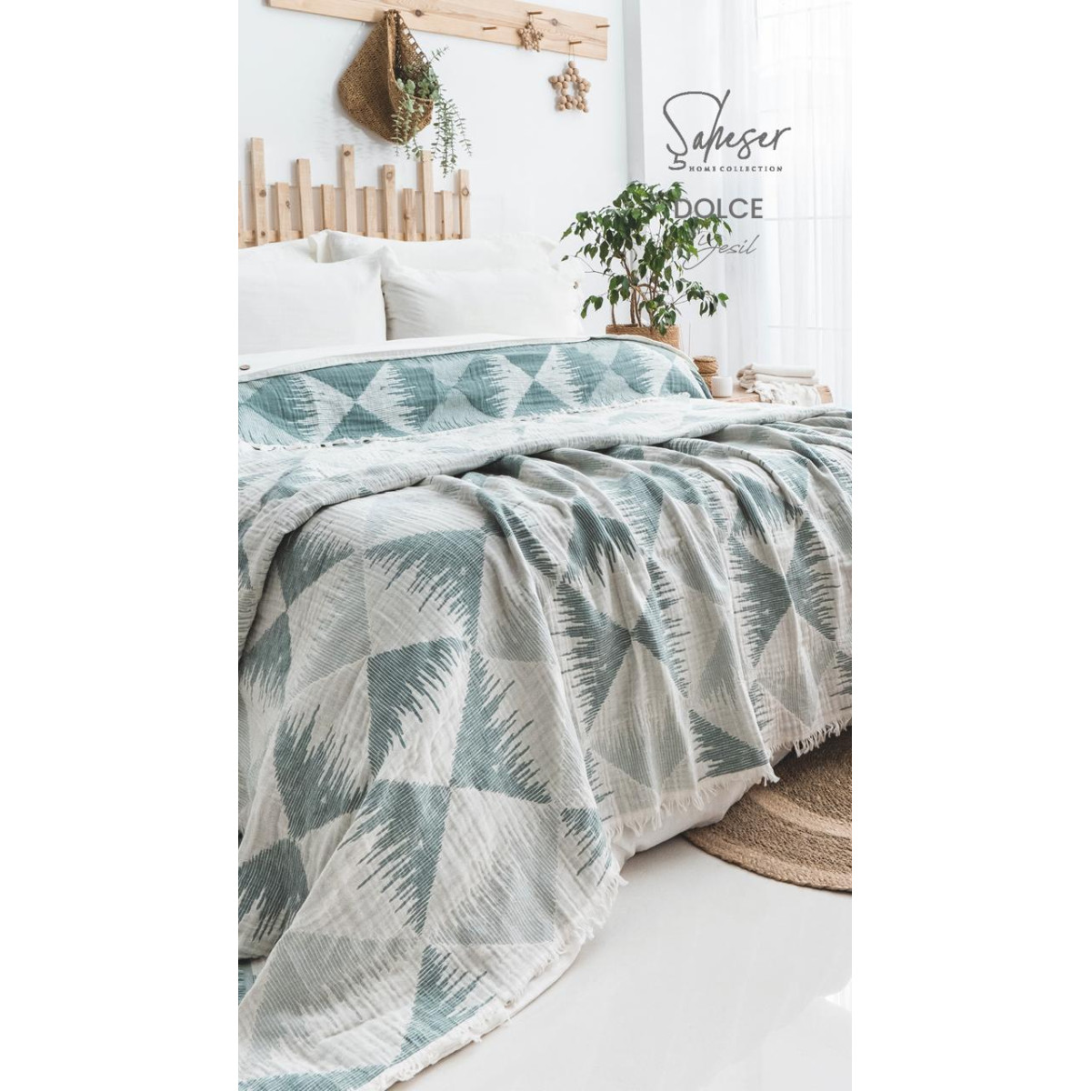 Покрывало для спальни муслин двустороннее зеленое Dolce Yesil 240x260 Турция