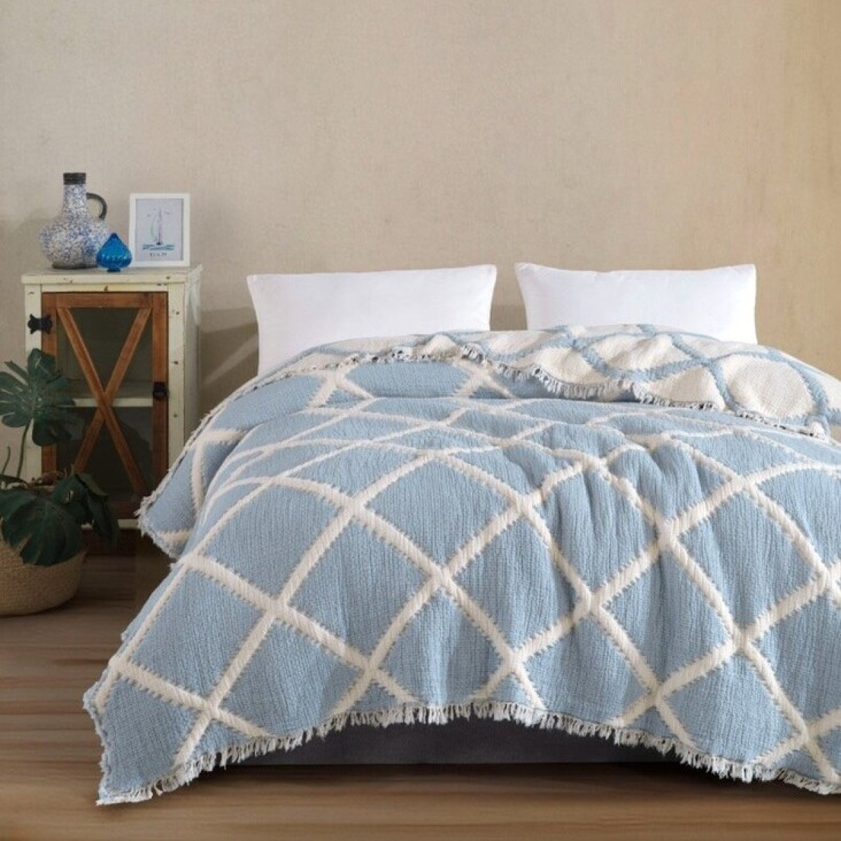 Покрывало турецкое муслин двустороннее евро 230x250 Exclusive Ivory-Mavi в Leron - фото