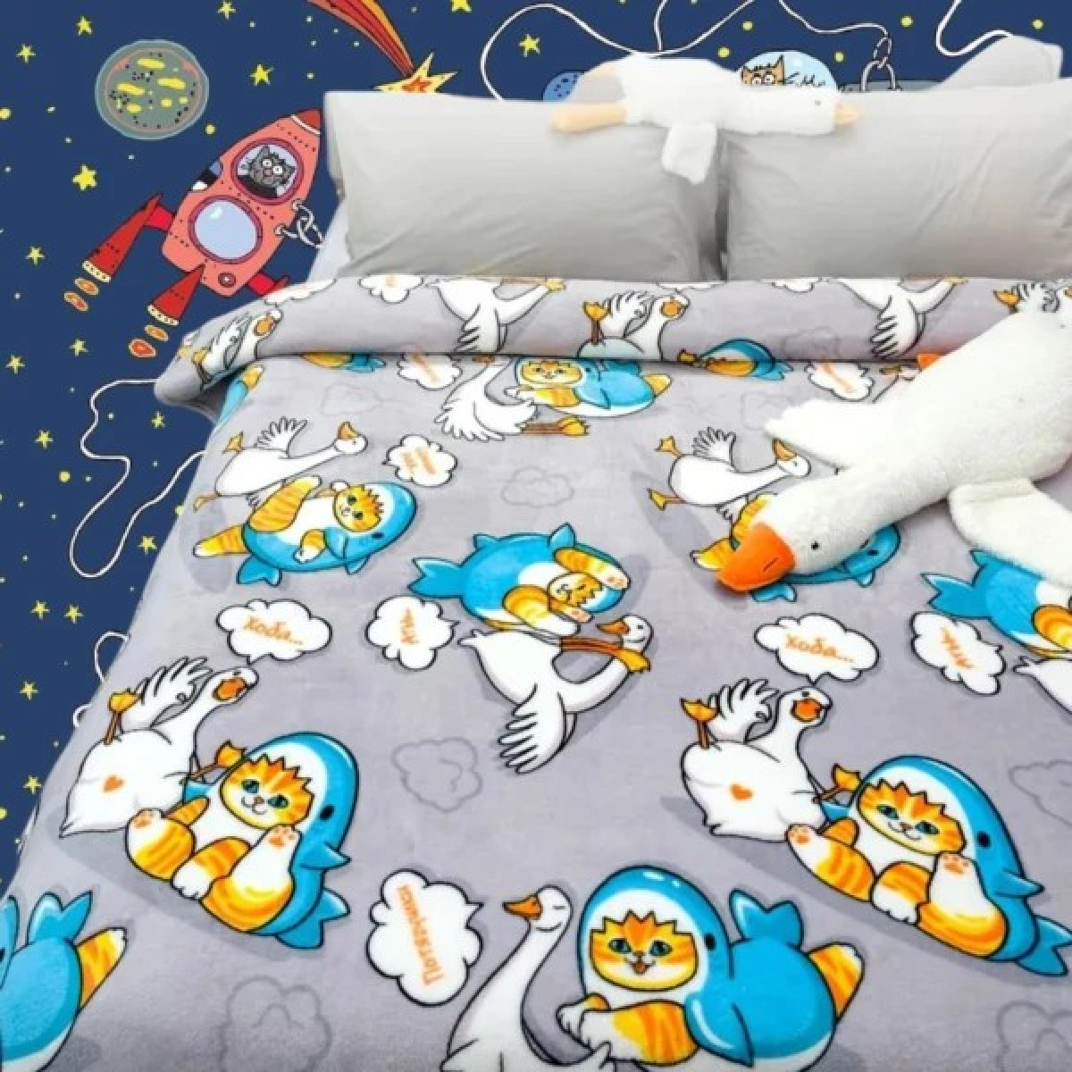 Плед из флиса полуторный 150x200 Гусь и Кот