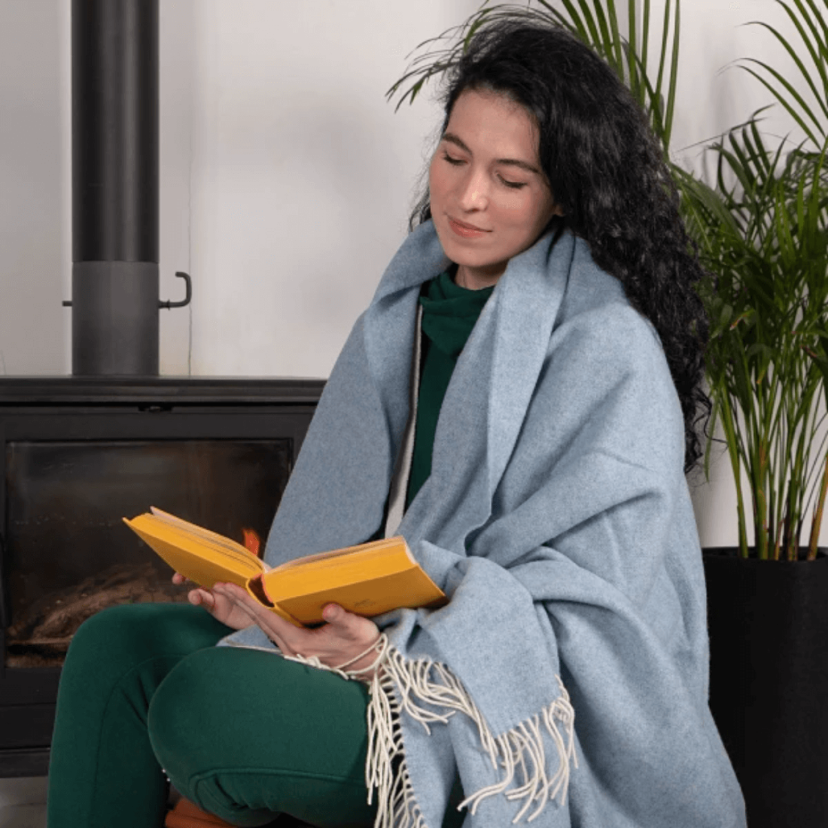 Кашемировый плед шерстяной полуторный Голубой двусторонний