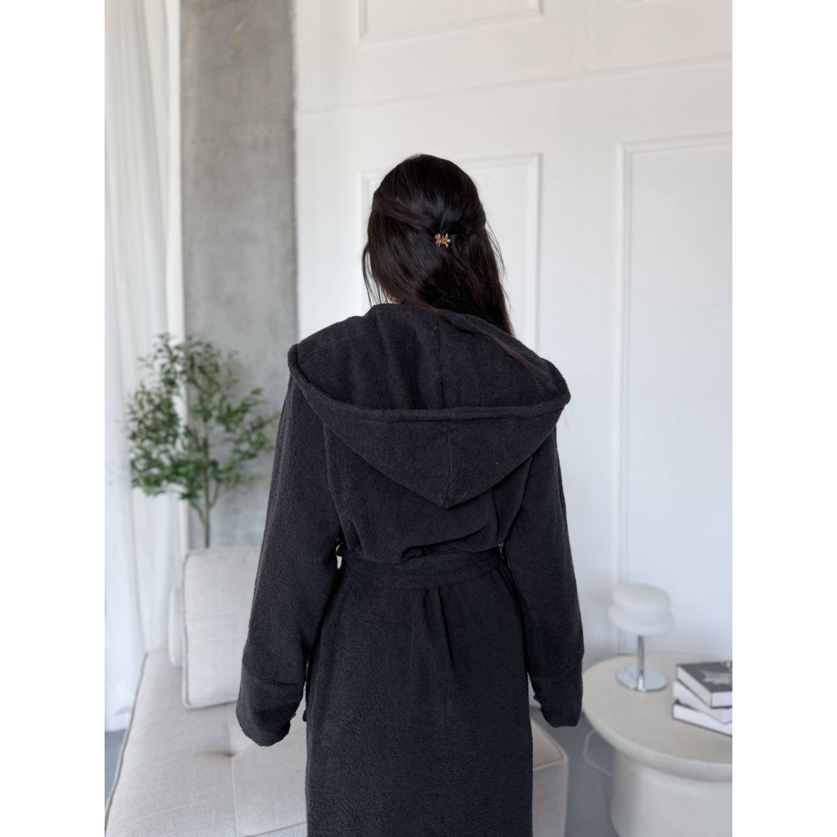 Чорний халат жіночий махровий з капюшоном Stefa Black