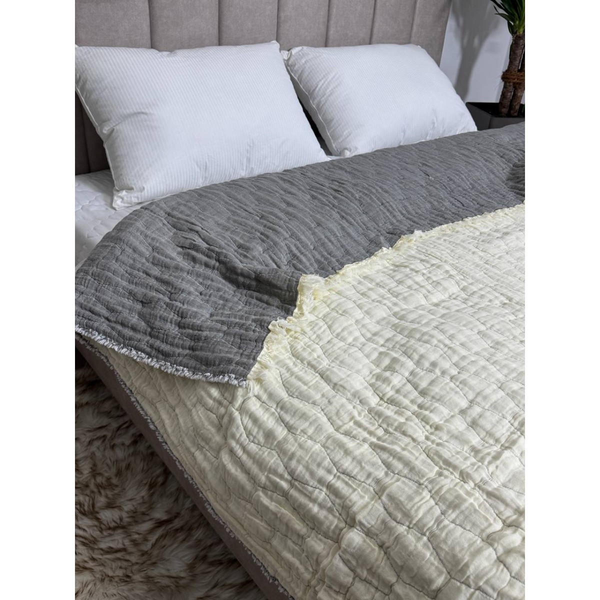 Муслінове покривало на ліжко двустороннє 200x230 Соти Ромб Сірий