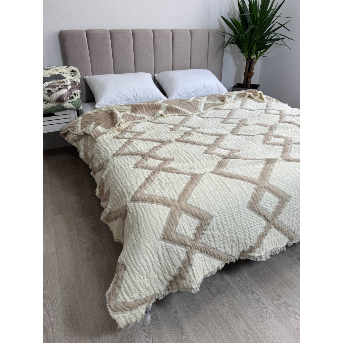 Мягкое покрывало муслин двустороннее евро 200x230 Паула Бежевая