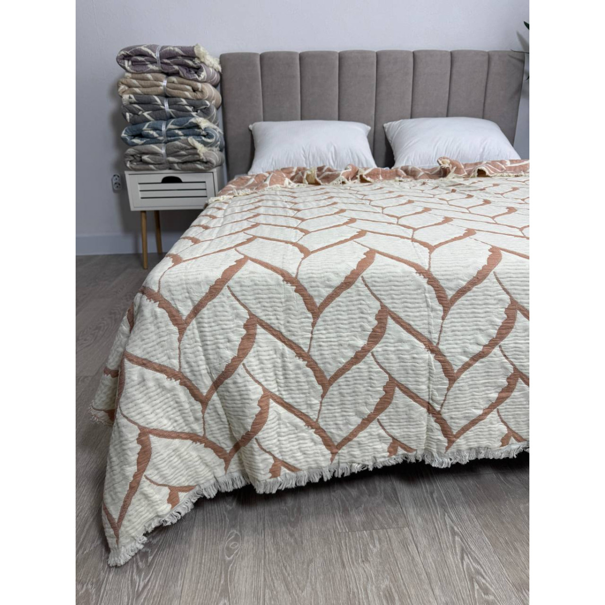 Муслиновое покрывало двустороннее 220x240 Аларик Айвори-Коричневый