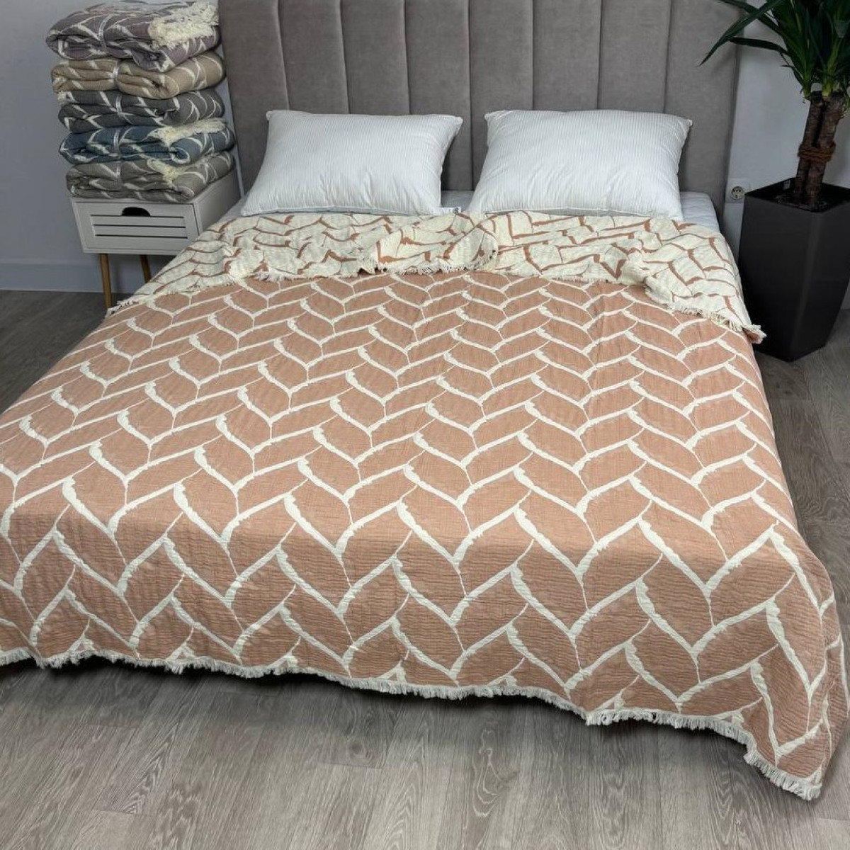 Муслиновое покрывало двустороннее 220x240 Аларик Айвори-Коричневый