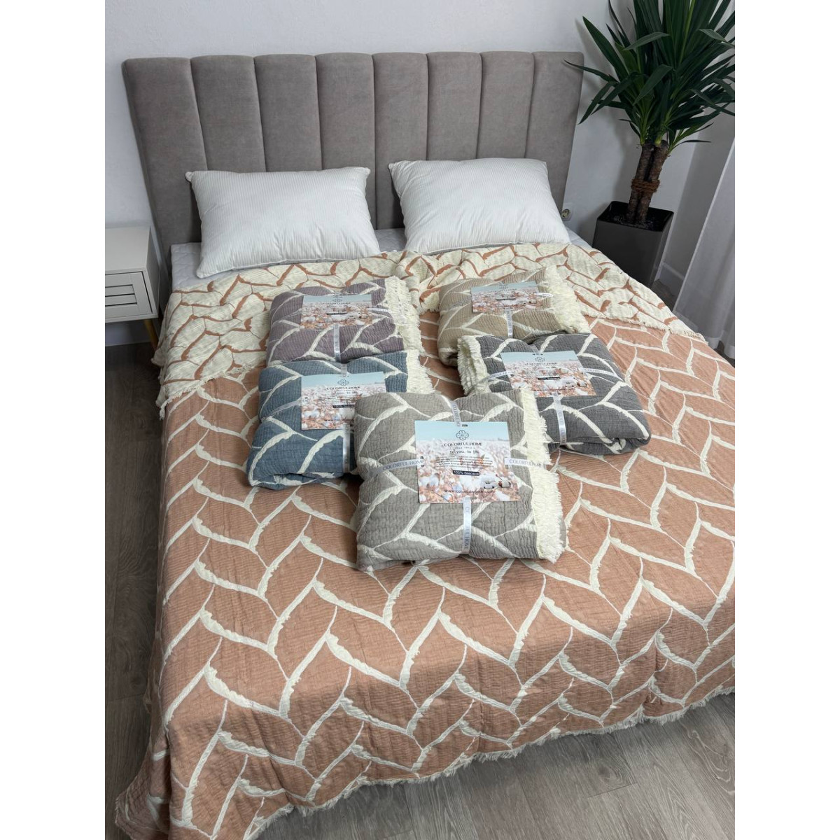 Муслиновое покрывало двустороннее 220x240 Аларик Айвори-Коричневый