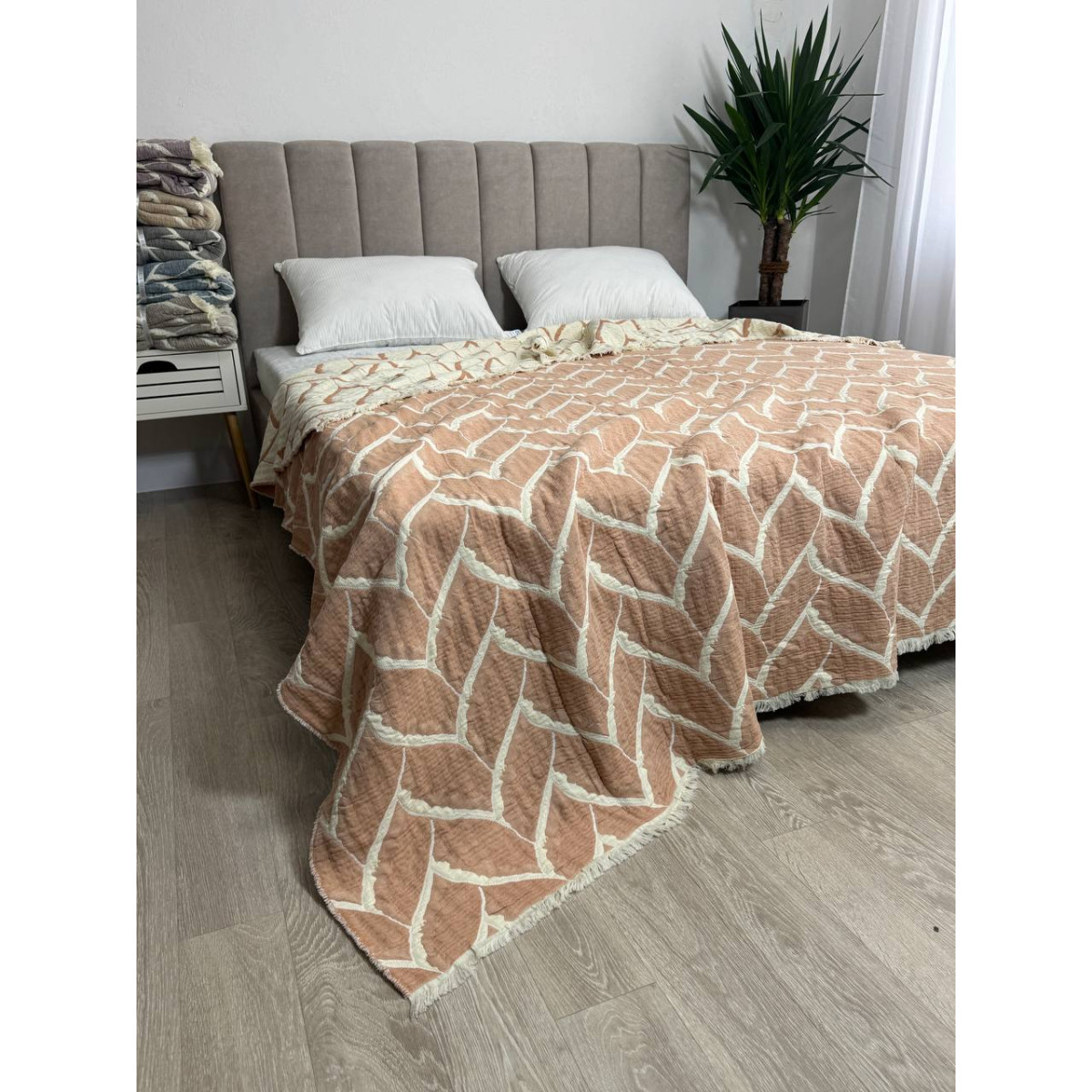 Муслиновое покрывало двустороннее 220x240 Аларик Айвори-Коричневый