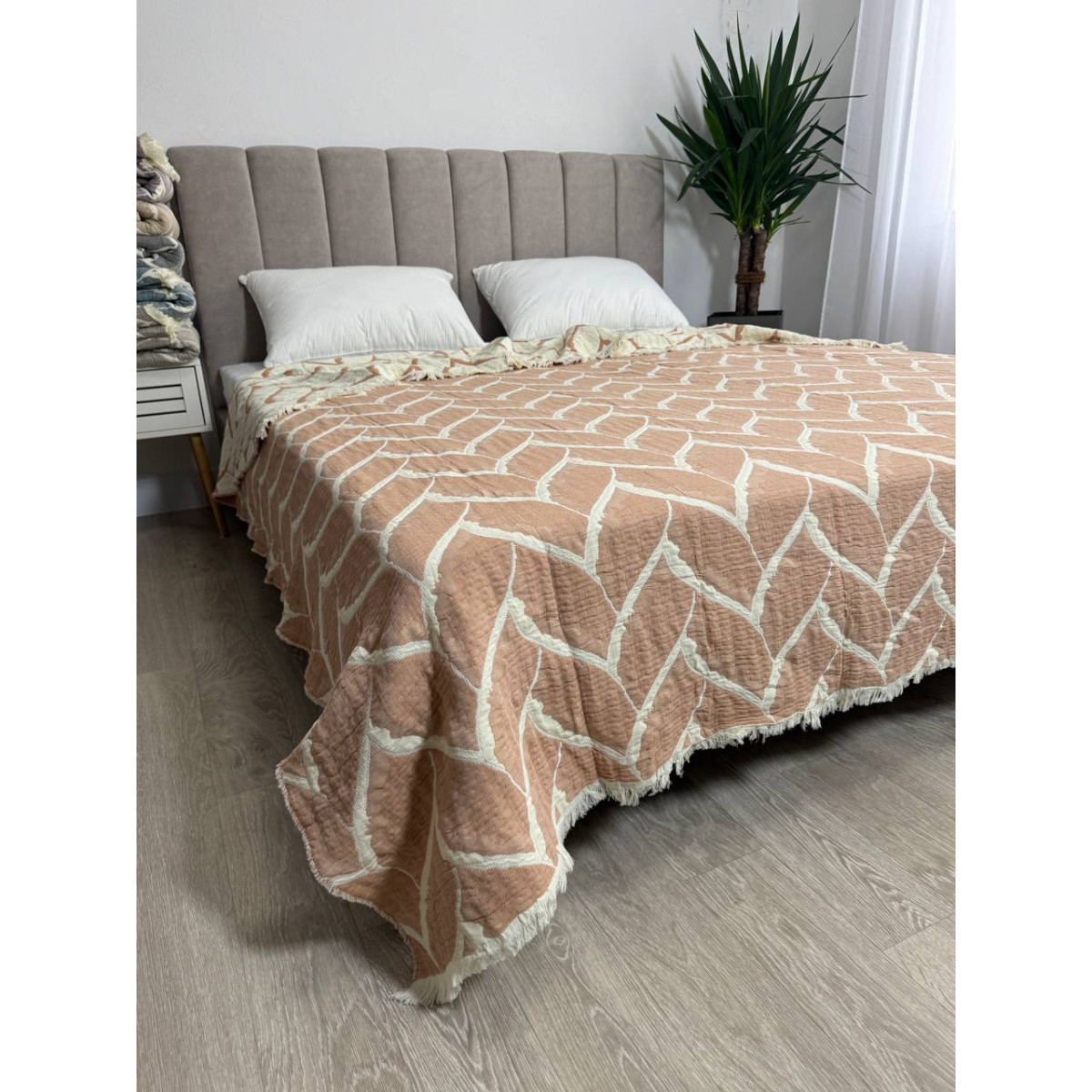 Муслиновое покрывало двустороннее 220x240 Аларик Айвори-Коричневый