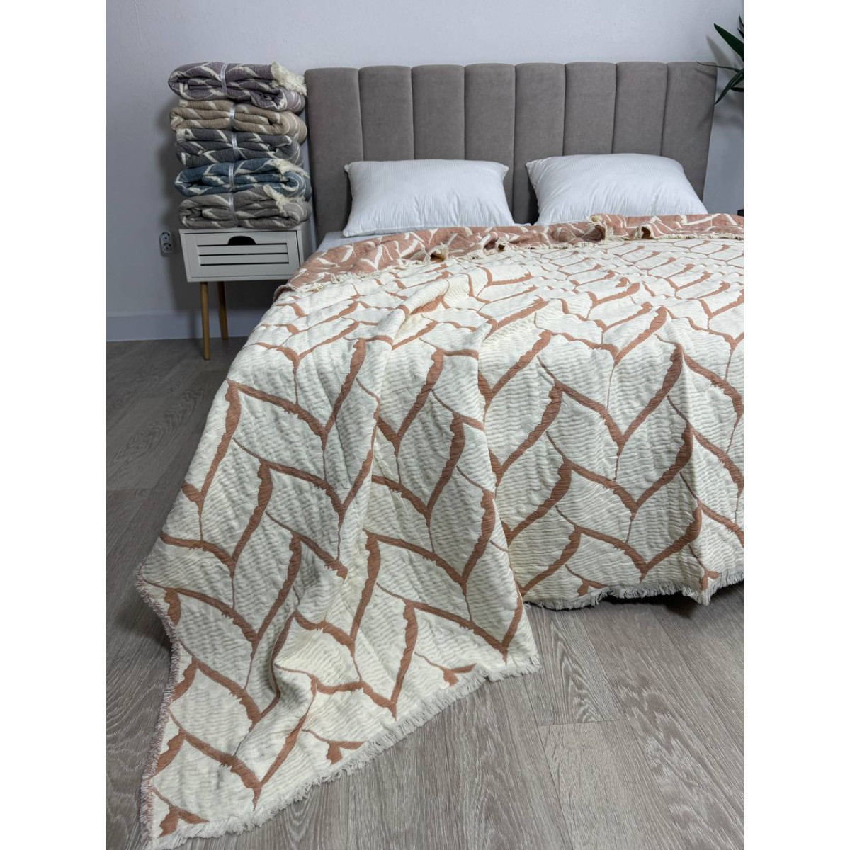 Муслиновое покрывало двустороннее 220x240 Аларик Айвори-Коричневый