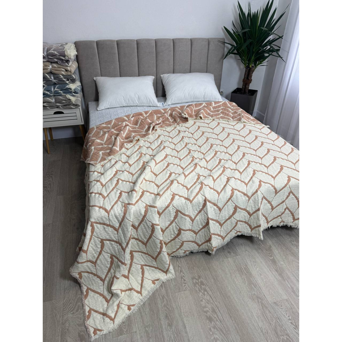 Муслиновое покрывало двустороннее 220x240 Аларик Айвори-Коричневый