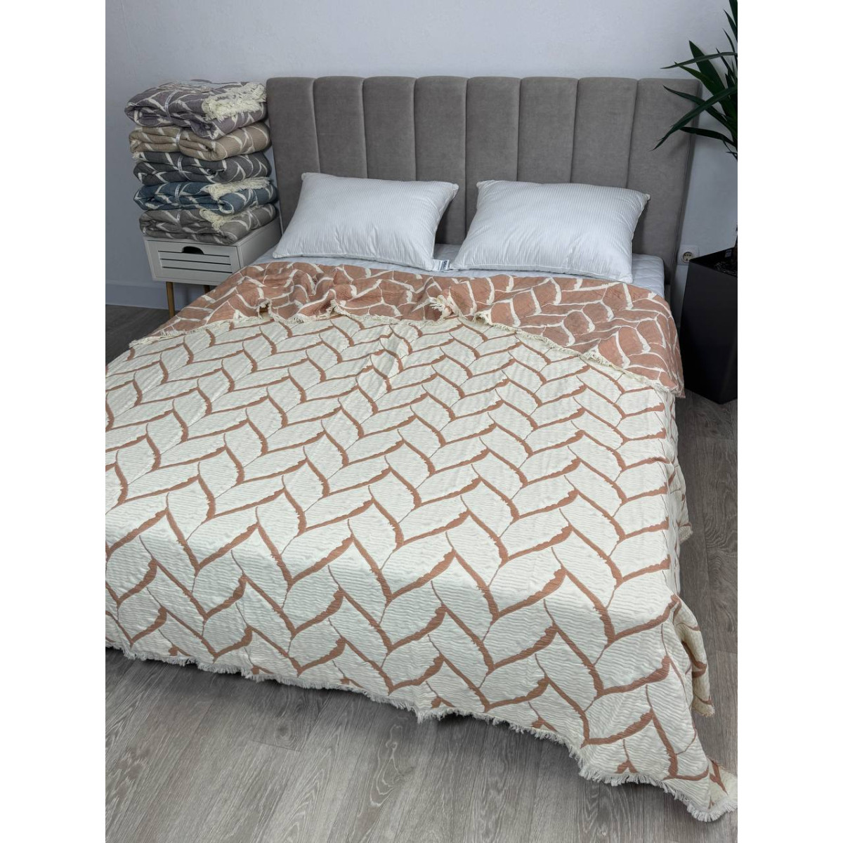 Муслиновое покрывало двустороннее 220x240 Аларик Айвори-Коричневый