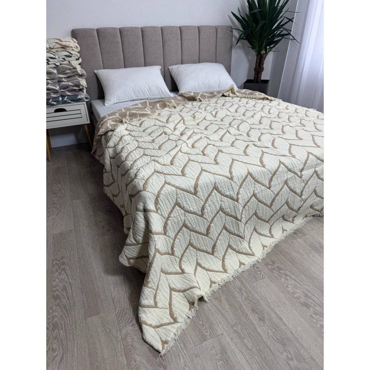 Натуральное покрывало муслин двустороннее 220x240 Аларик Бежевый