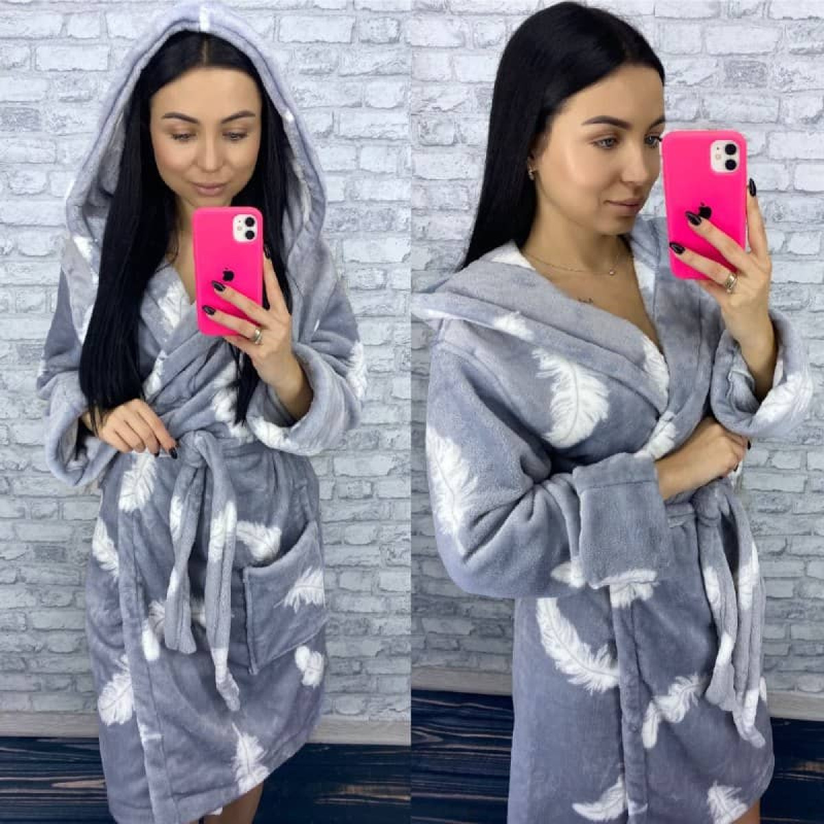 Серый халат теплый женский домашний с капюшоном Перышки короткий/длинный