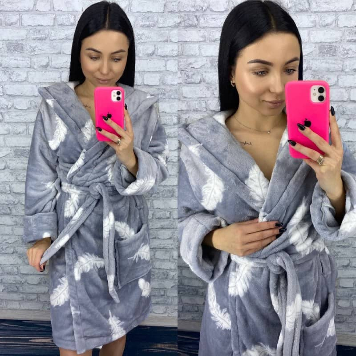 Серый халат теплый женский домашний с капюшоном Перышки короткий/длинный
