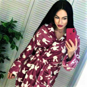 Домашний халат женский теплый с капюшоном Зайчики