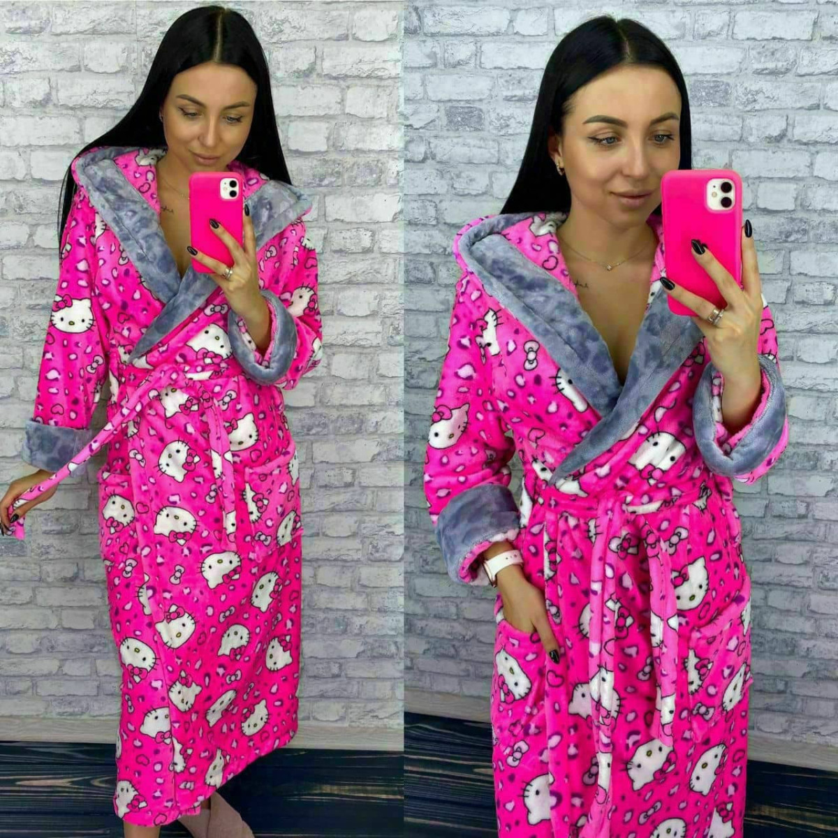 Мягкий халат женский домашний Китти розовый, плюшевый, теплый, с капюшоном, короткий/длинный