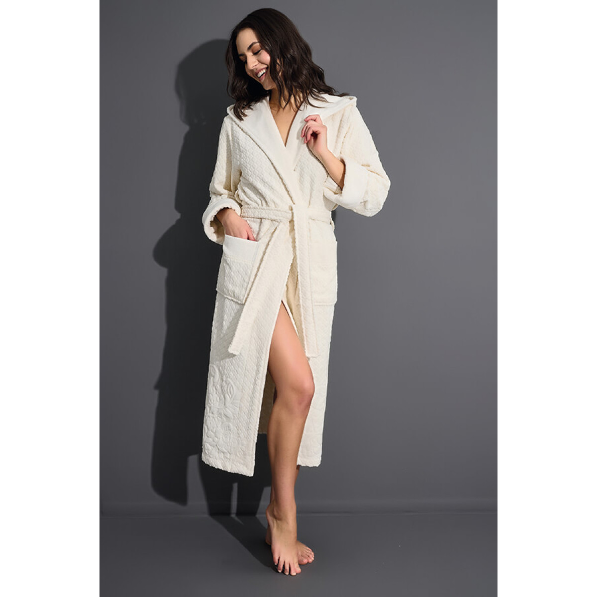 Длинный халат женский велюр/махра банный Nusa 4285 Кремовый Ромбик