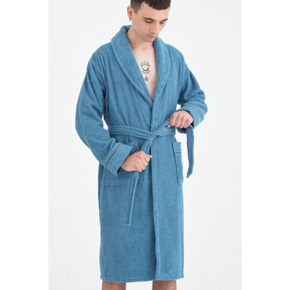 Мужской махровый халат банный синий Nella Denim 100% хлопок