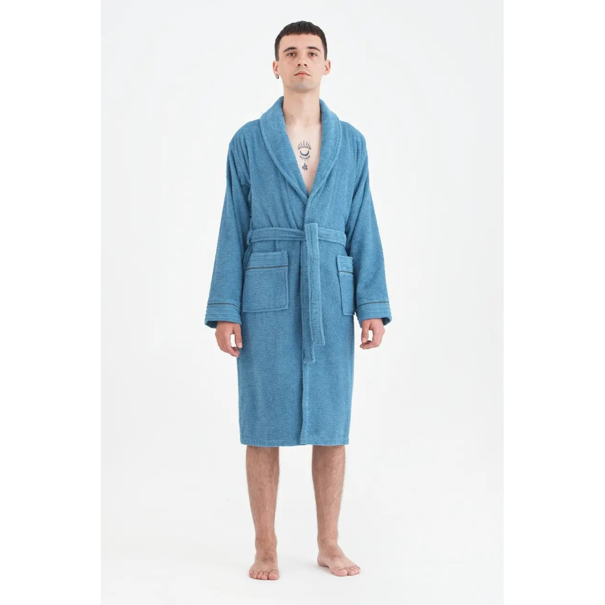 Чоловічий махровий халат банний синій Nella Denim 100% бавовна