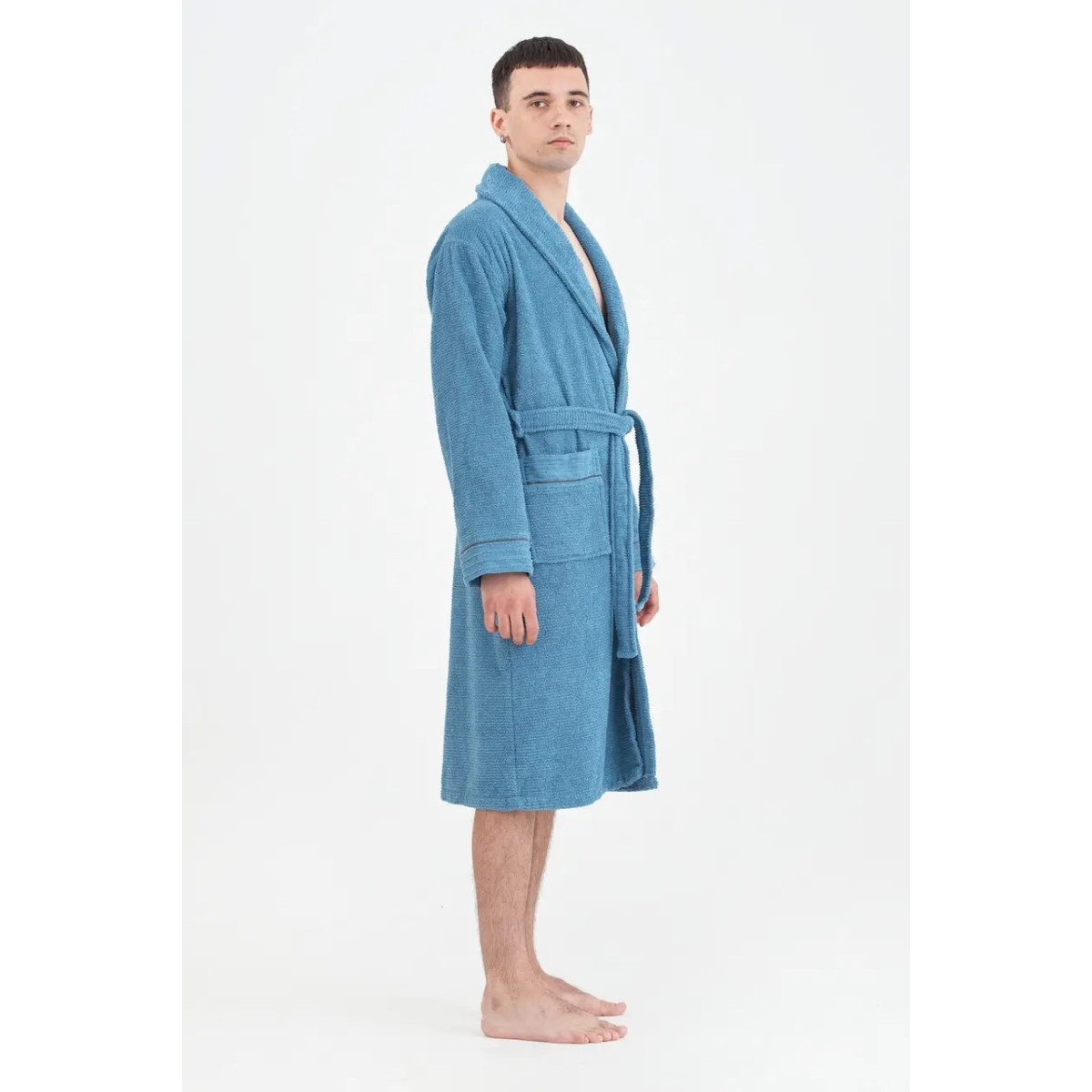 Чоловічий махровий халат банний синій Nella Denim 100% бавовна