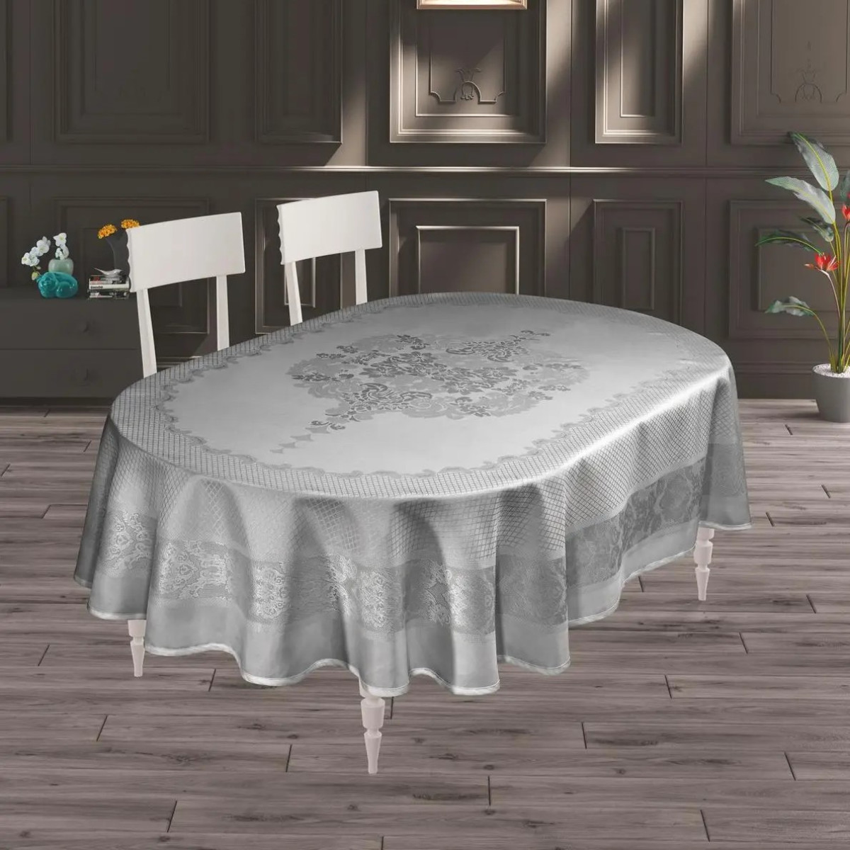 Овальна скатертина тефлонова Viyana Сіра 160x220 Туреччина в Leron - фото