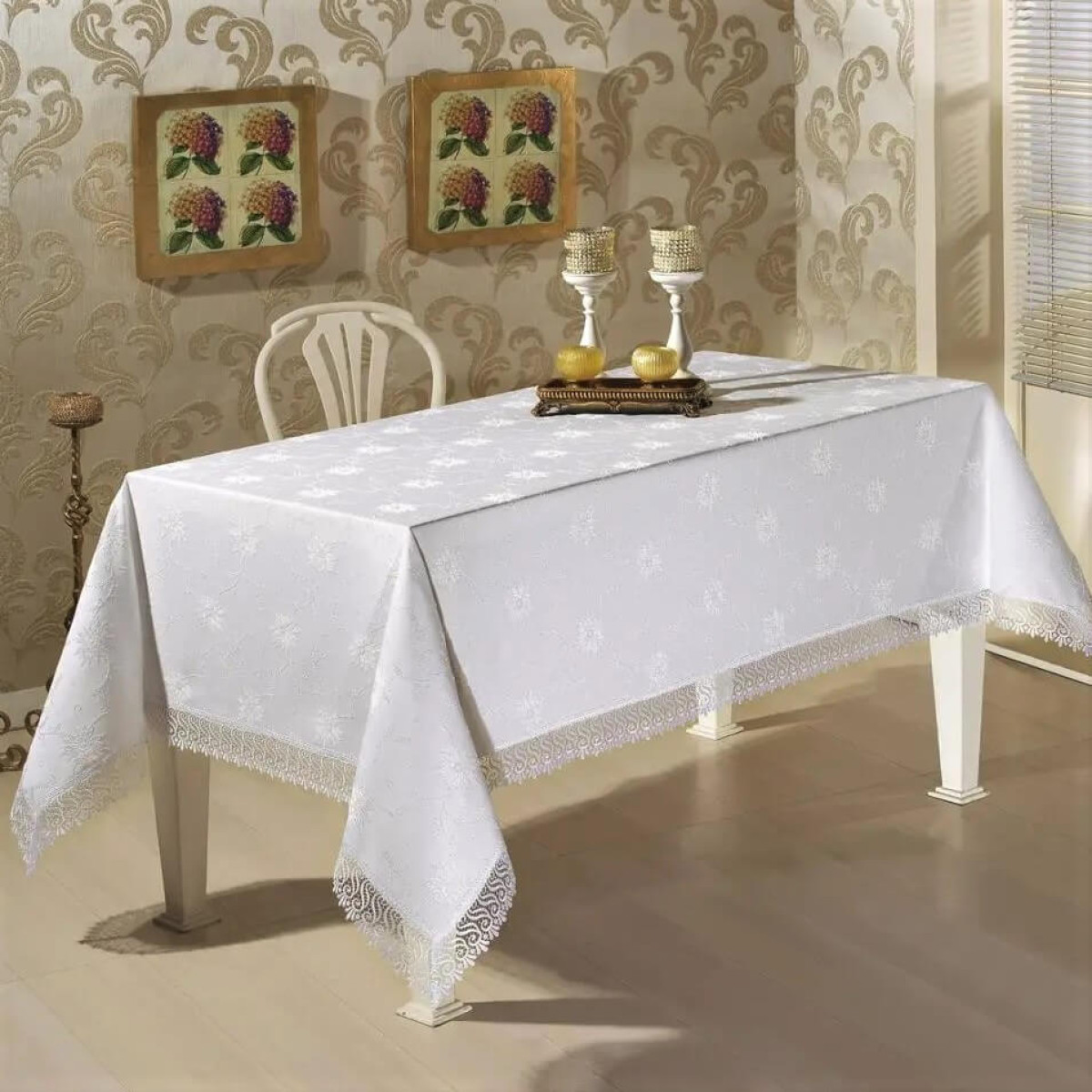Белоснежная скатерть прямоугольная с кружевом 160x220 К.Д.К. Beyaz Турция в Leron - фото