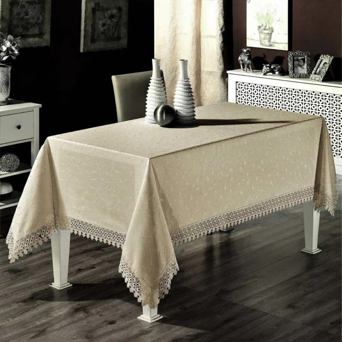 Прямоугольная скатерть с кружевом 160x220 К.Д.К. Cappuccino бежевая Турция в Leron - фото