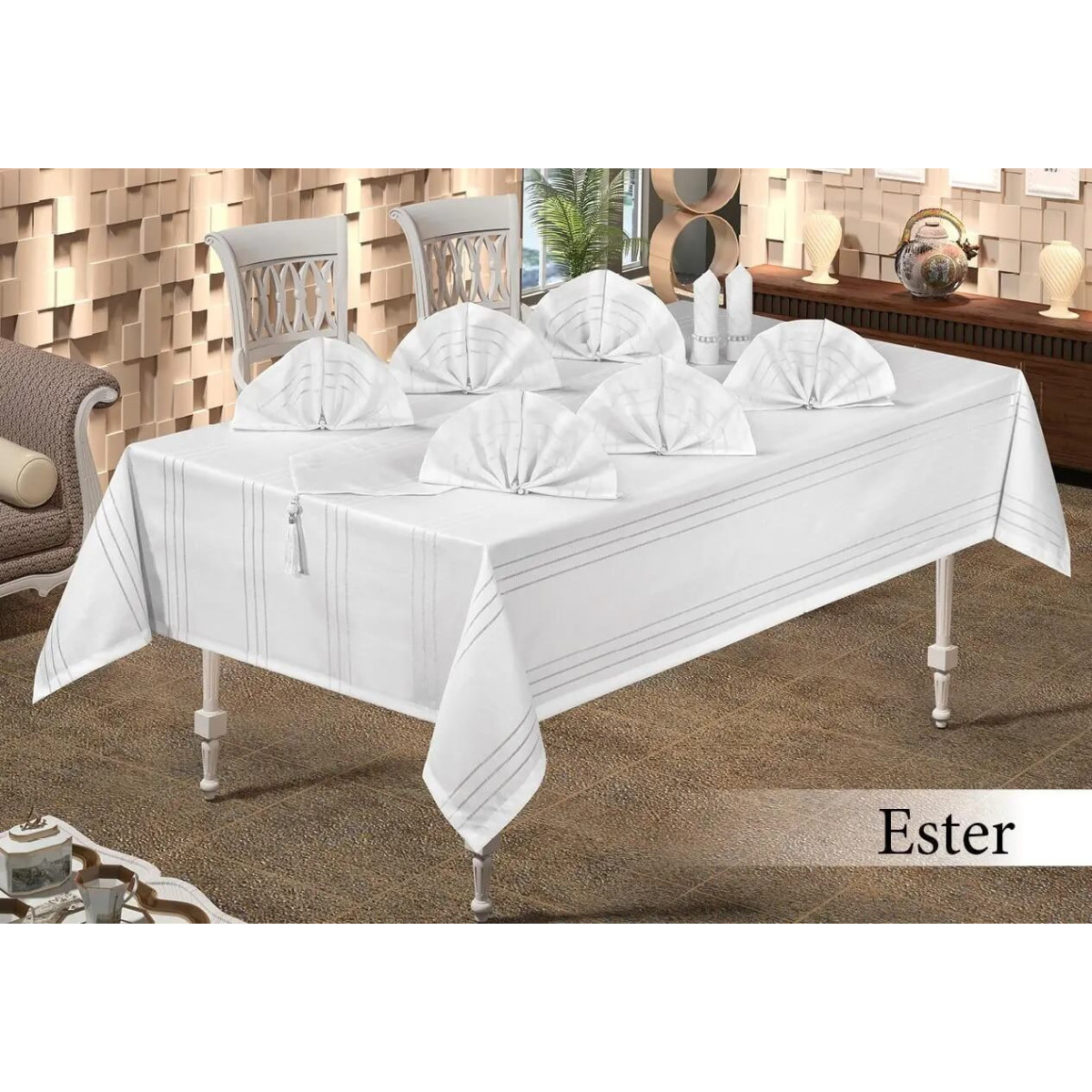 Турецька скатертина з серветками набір 160x220 Ester Lacivert синя