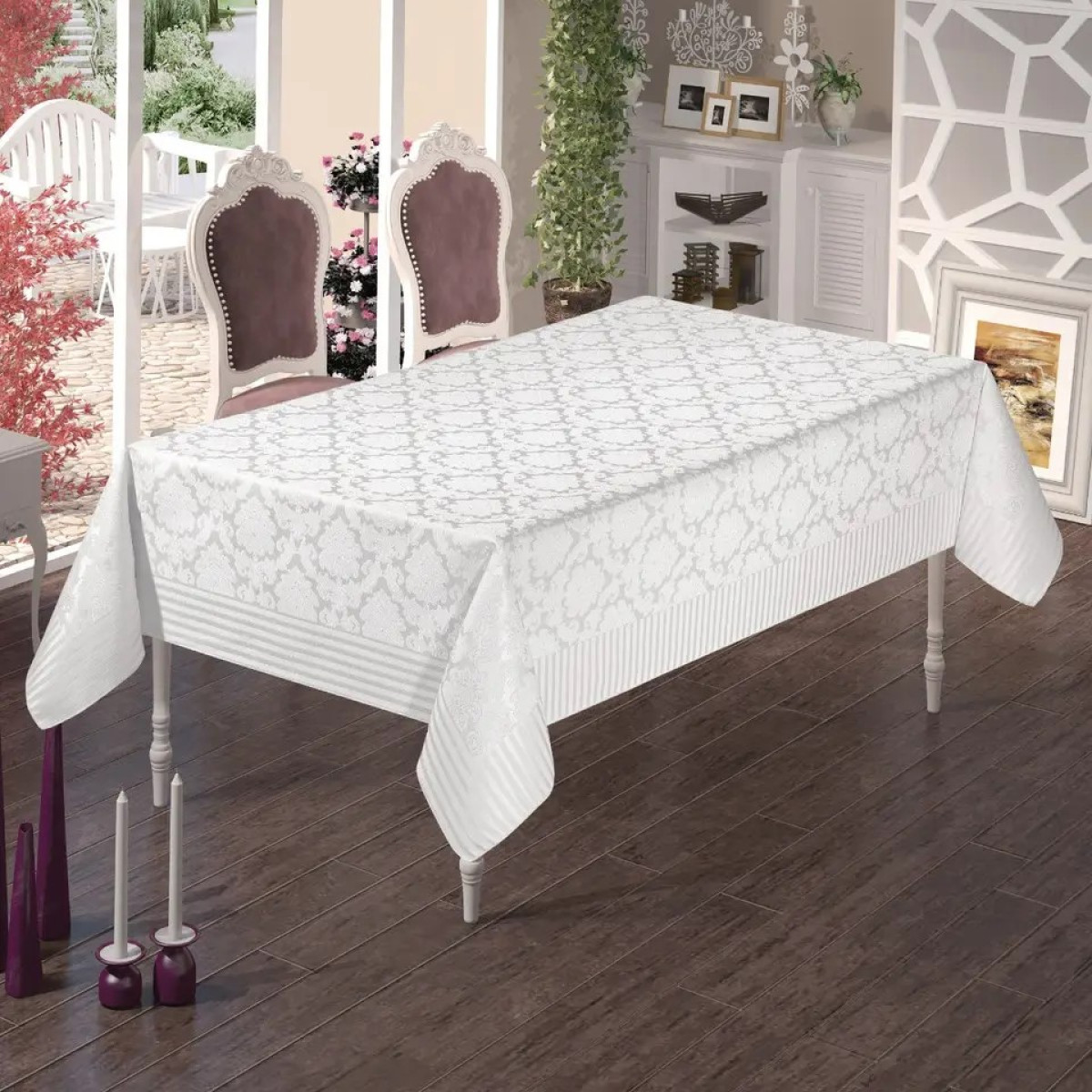 Непромокальна скатертина на стіл Masari Damask Біла жакардова в Leron - фото