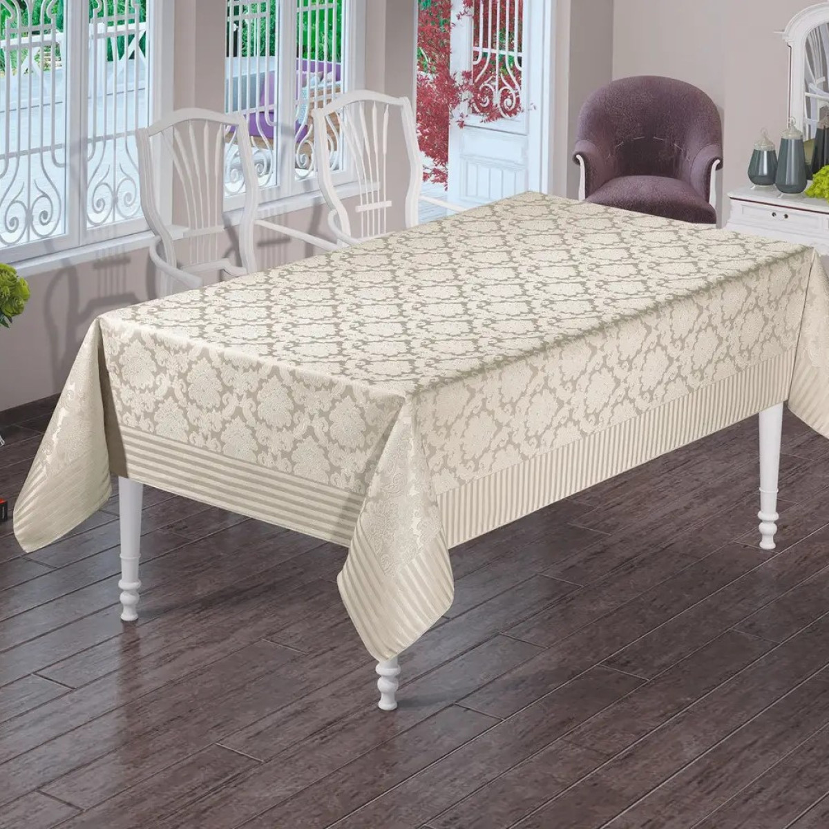 Жакард скатертина з тефлоновим покриттям Masari Damask Capuccino в Leron - фото