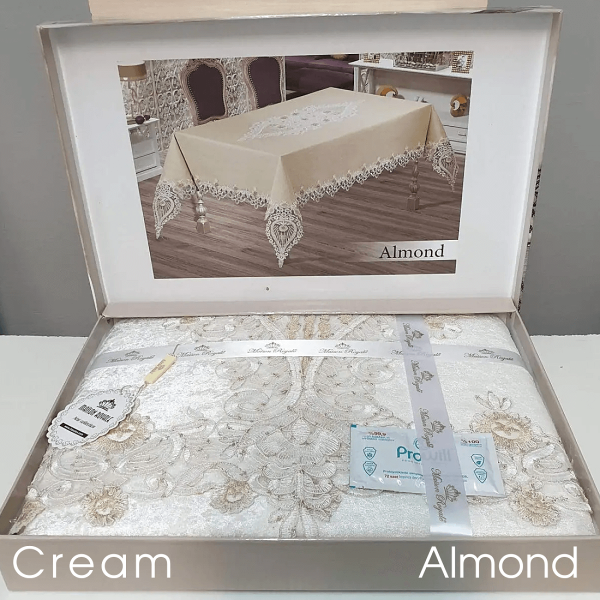 Бархатная скатерть велюровая с кружевом 160х220 Almond Krem Турция