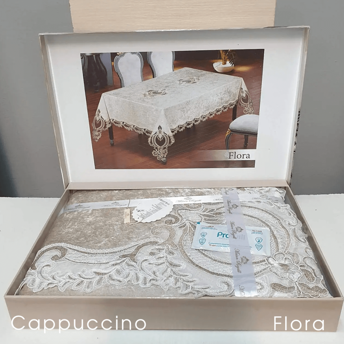 Велюровая скатерть с кружевом 160х220 Flora Kappuccino Турция