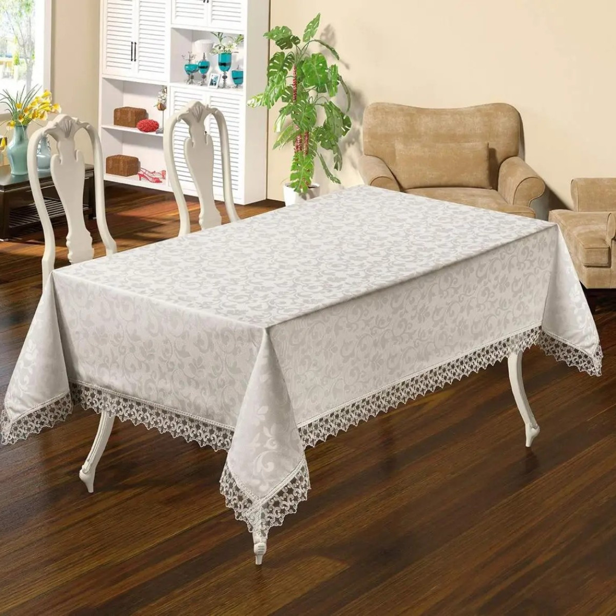 Турецкая скатерть жаккардовая с кружевом Etamin Krem 160x220 в Leron - фото