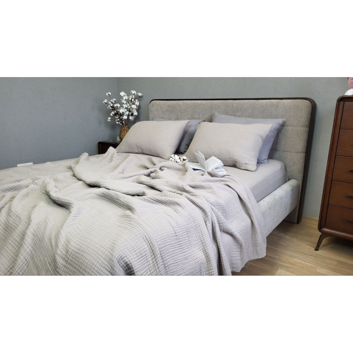 Муслиновое покрывало серое на кровать Warm Grey натуральный хлопок