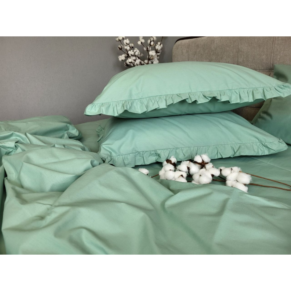 Постель хлопок 100% Turkish Cotton Мята Solo № S200 с рюшами