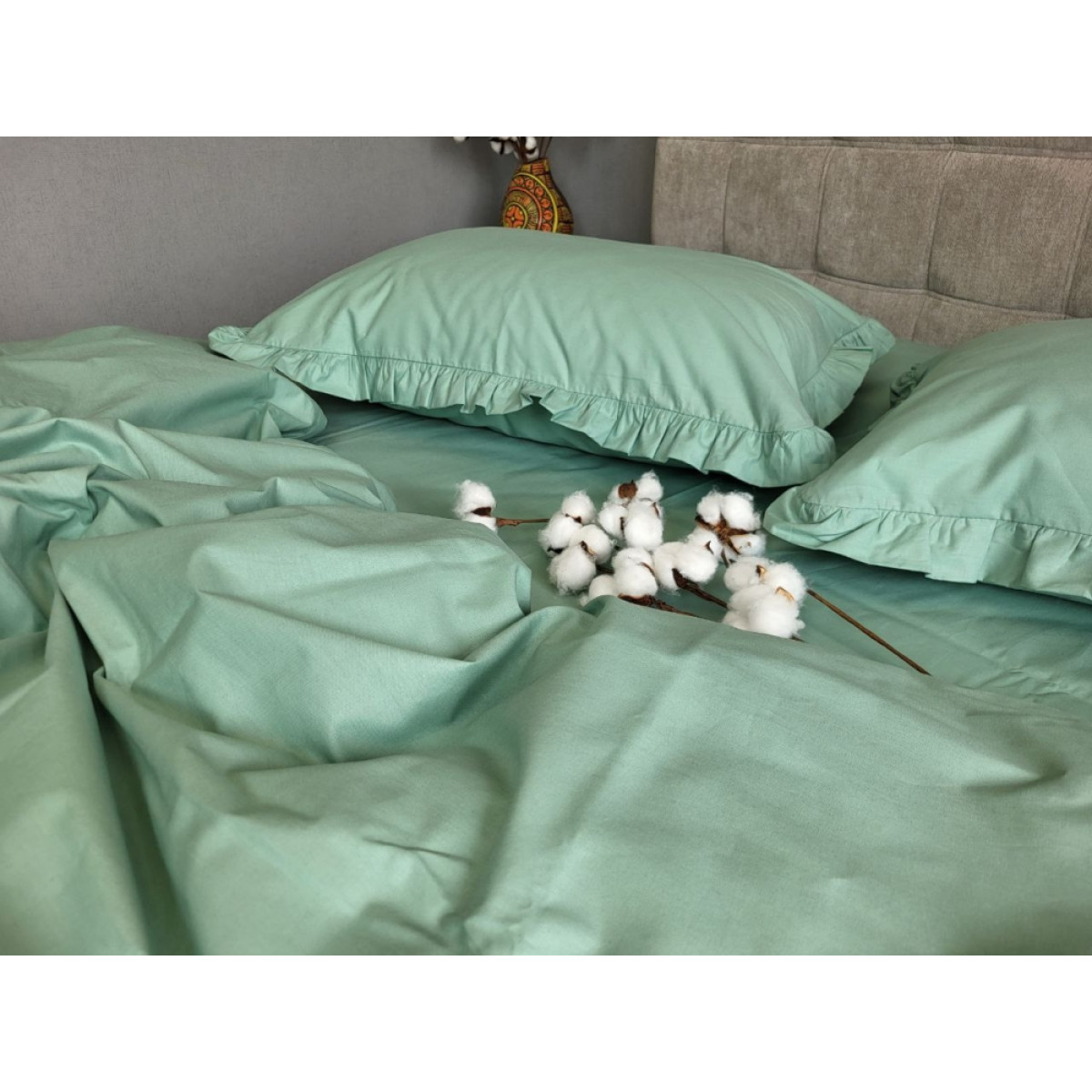 Постель хлопок 100% Turkish Cotton Мята Solo № S200 с рюшами