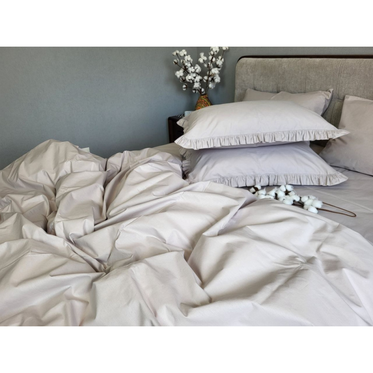 Постель из хлопка Turkish Cotton Grey Solo № S146 с рюшами