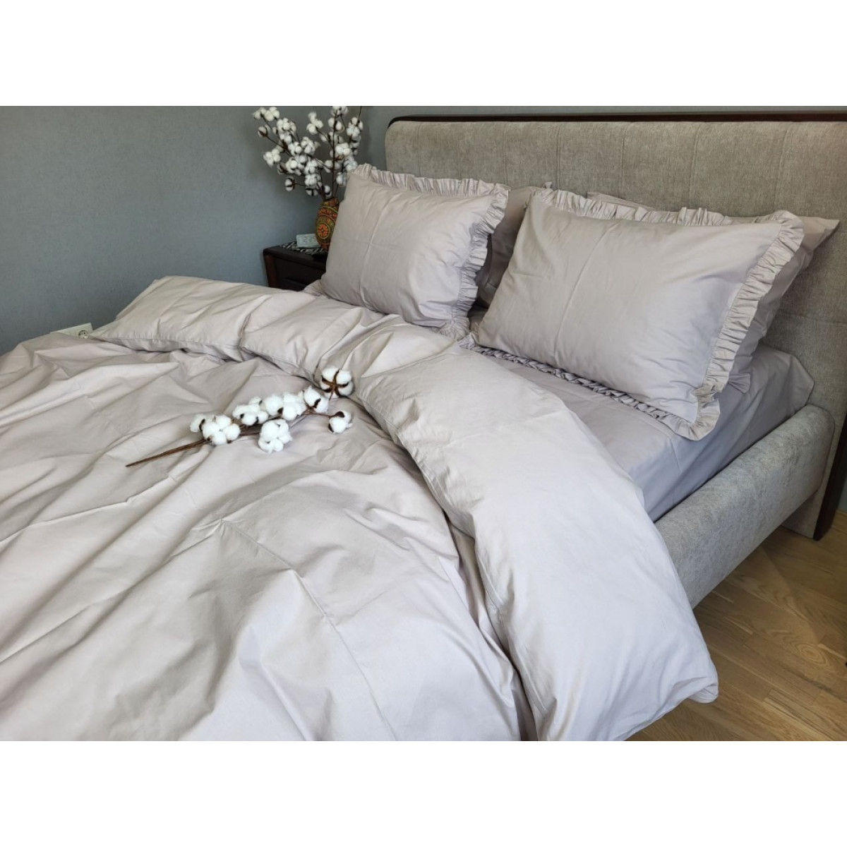 Постель из хлопка Turkish Cotton Grey Solo № S146 с рюшами