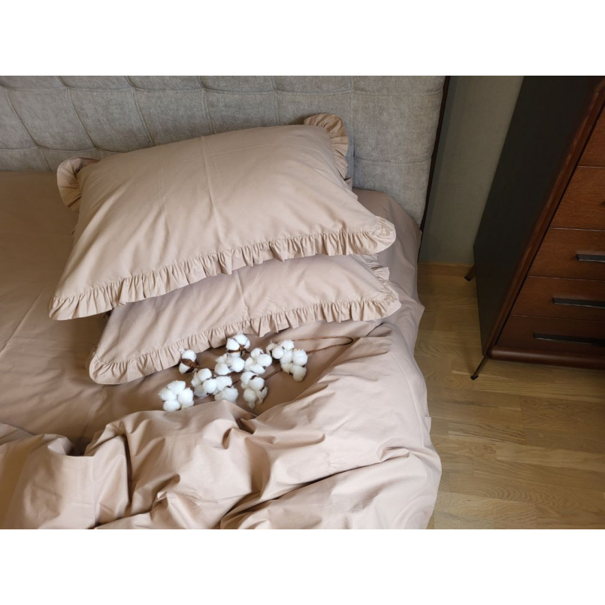 Комплект постельного белья хлопок Turkish Cotton Bej Solo с рюшами
