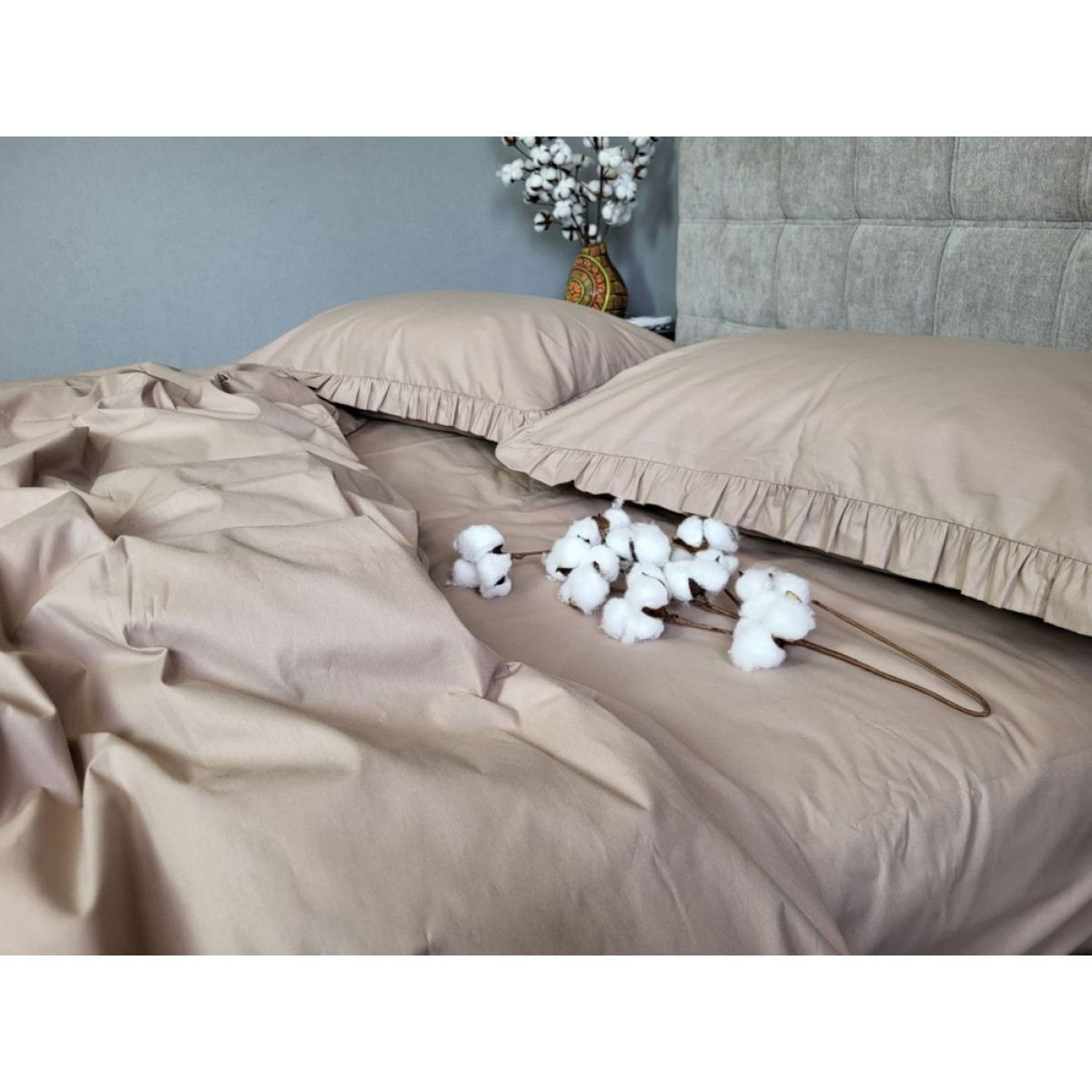 Комплект постельного белья хлопок Turkish Cotton Bej Solo с рюшами