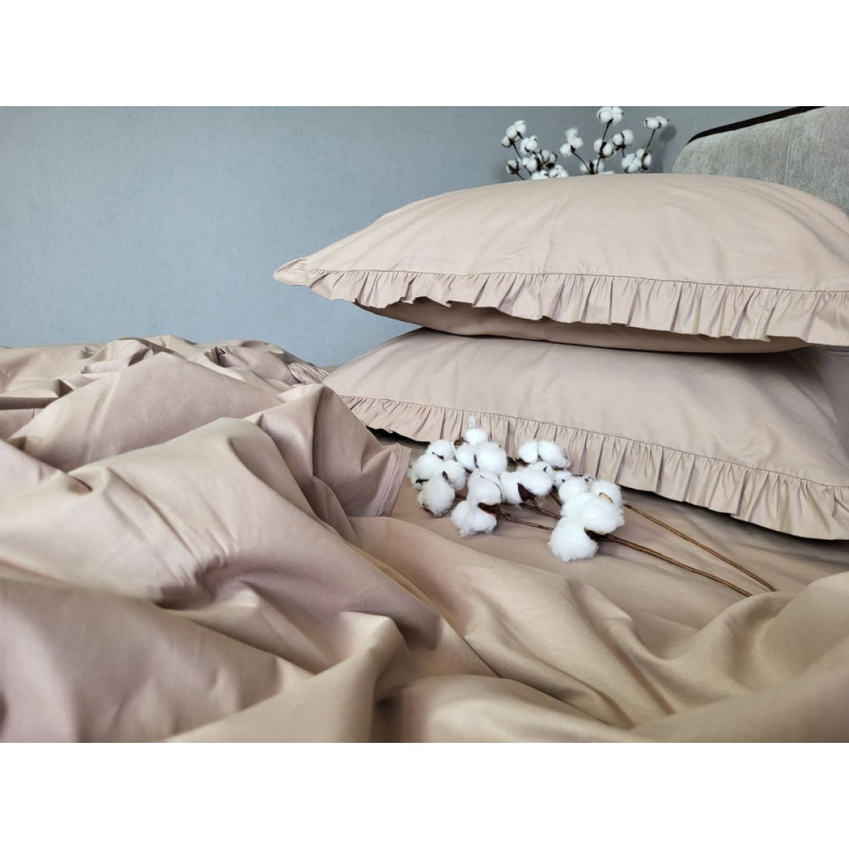 Комплект постельного белья хлопок Turkish Cotton Bej Solo с рюшами