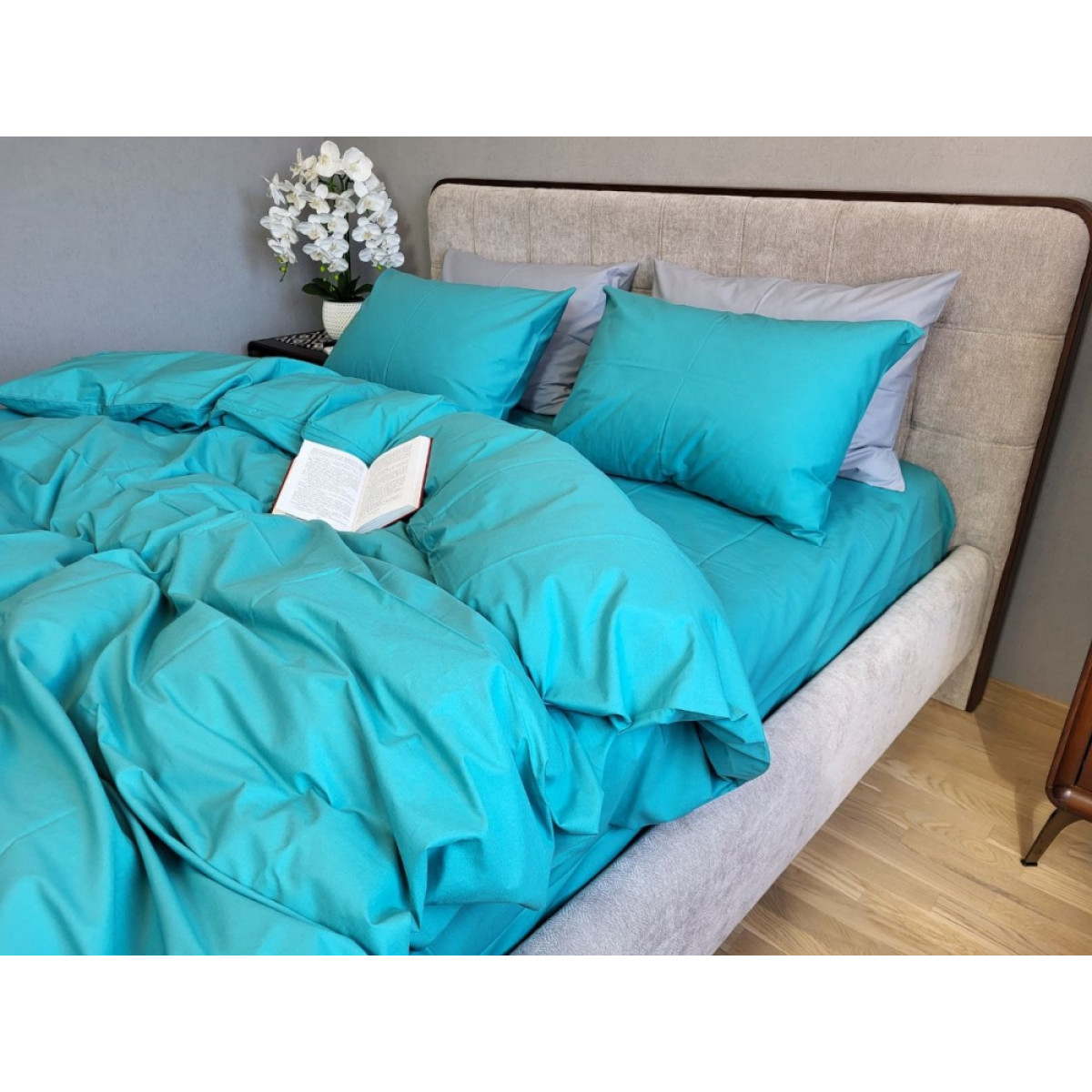 Однотонное постельное белье евро хлопок Бирюза Solo Turkish Cotton