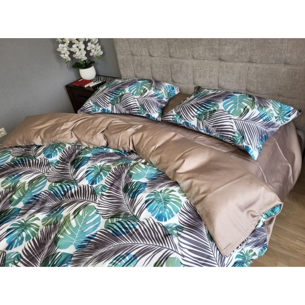 Сатин люкс постільна білизна з листям Premium Tropics